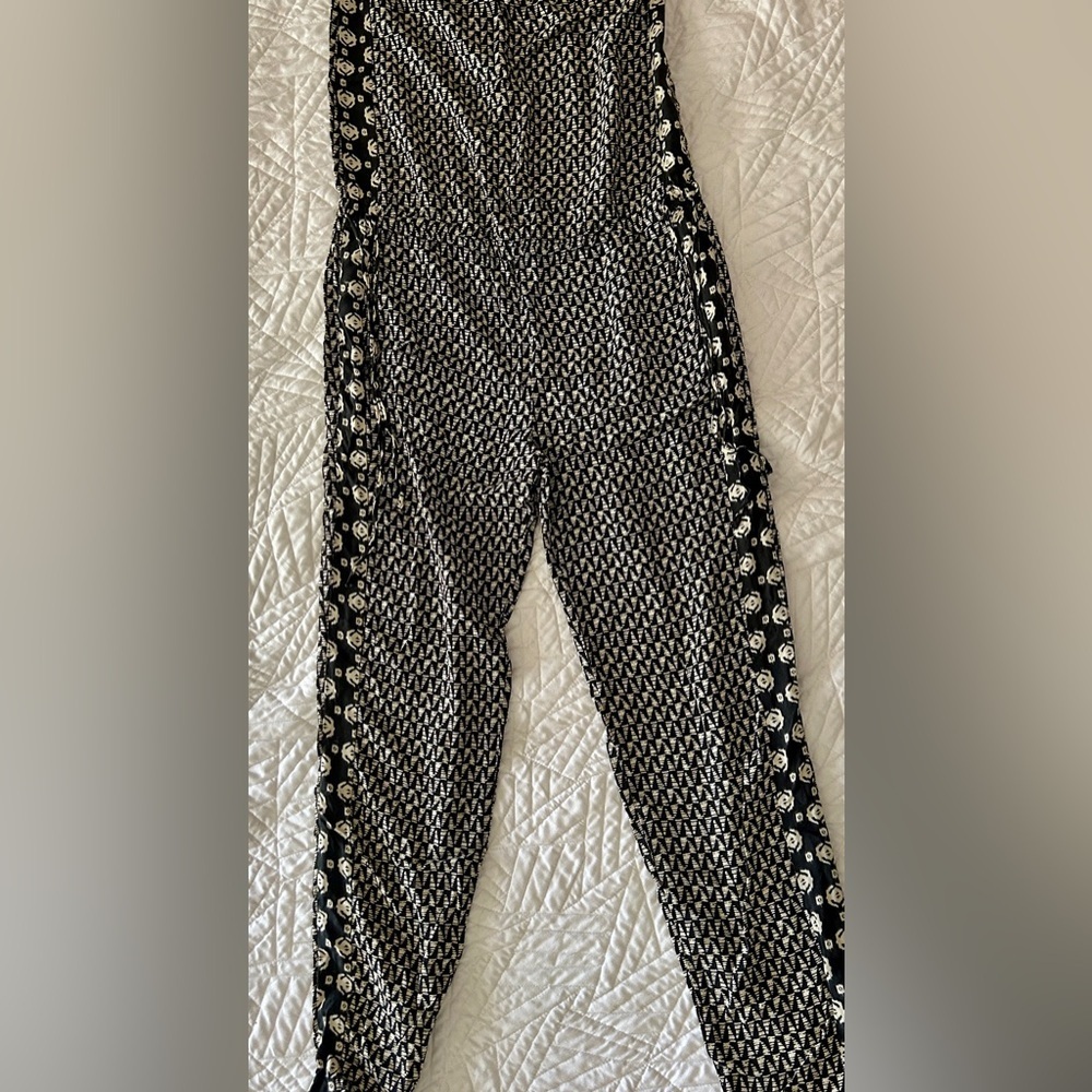 Zara Black & White Patterned Jogger Jumpsuit with Side Floral Stripe